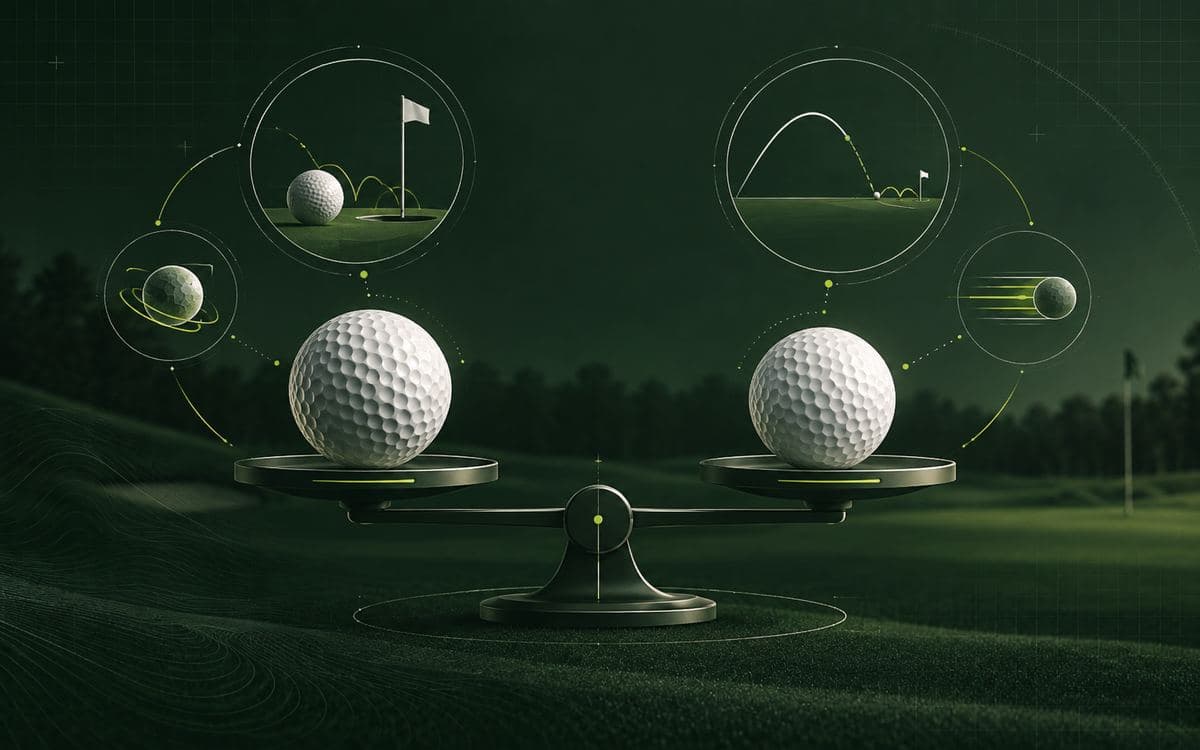 Two golf balls balanced in a premium-versus-value performance comparison.