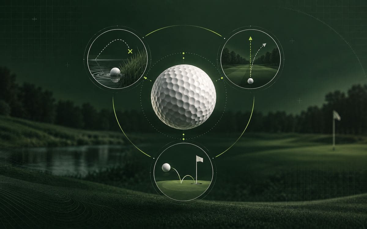 Golf ball linked to visual cues for lost balls, straighter flight and stopping power.