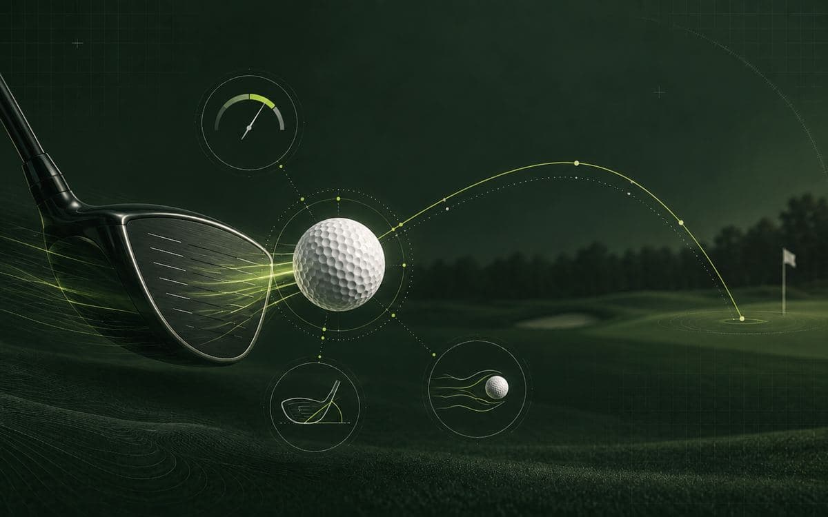 Golf ball launched from a driver with a measured flight arc and fitting cues.