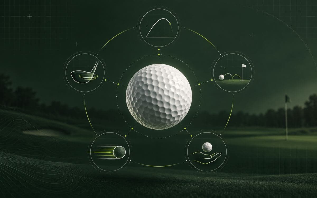 Golf ball surrounded by visual cues for trajectory, spin, control, feel and distance.