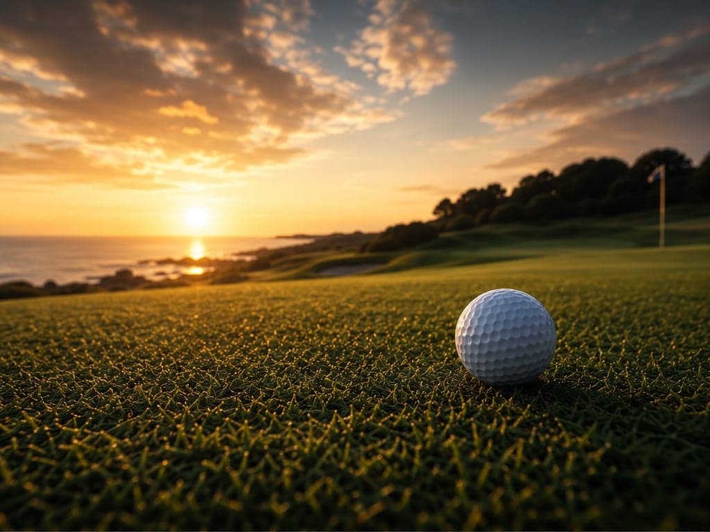 Golf ball on a coastal golf course at sunset
