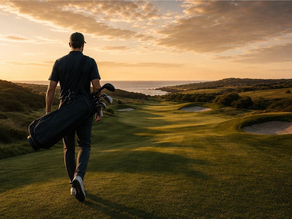 Golfer walking down a coastal course at sunset